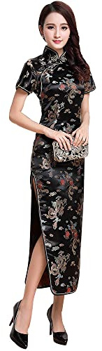 Women Cheongsam Long Dress Evening Short Sleeve Slim Fit Maxi Dress Floral Faux Silk Stand Collar Bodycon Qipao (as1, Alpha, m, Regular, Regular, Black Dragon)
