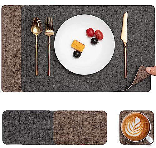 Myir JUN Table Mats Placemats and Coaster Sets 6 Place Mats for Table | Dual-Sided Faux Leather Table Mats Heat-Resistant Waterproof Non-Slip 43 x 30 cm for Kitchen Dining Outdoor (Grey Brown)