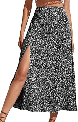 OMZIN Jupe Midi Taille Haute à Imprimé Floral pour Femmes a Line Chiffon High Side Split Bohemia Skirt Noir S