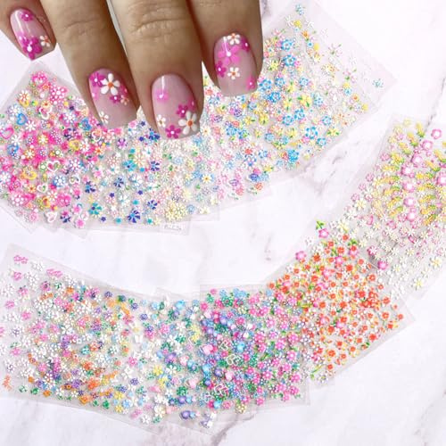 30Sheets Flower Nail Art Sticker 3D Self-Adhesive Nail Art Supplies Colorful Flowers Rose Daisy Cherry Blossoms Nail Decals Pink Floral Nail Design Cute Heart Nail Sticker for Acrylic Nails Decoration