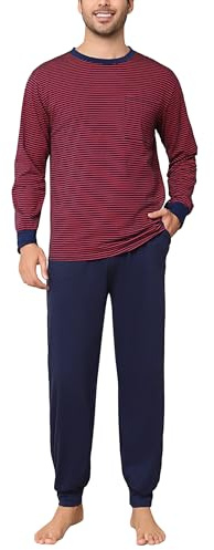 Aseniza Pyjama Homme Hiver Coton Ensembles de Pyjama Chauds à Manches Longues Rayures Vêtements De Nuit Vêtements de Détente pour Hommes Long Deux Pièces Loungewear À Rayure-Rouge, M