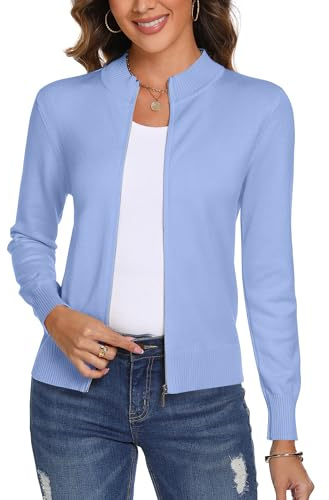 Aottori Cárdigan de punto con cremallera para mujer, manga larga, acanalado, cuello alto, sudadera casual de punto con frente abierto, color rojo, talla S