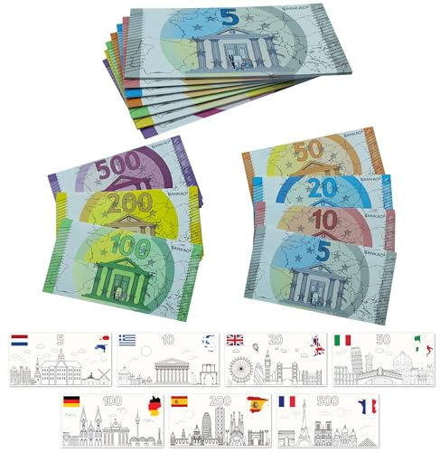 Billet de Banque Factice x70 - Argent Fictif Euro et Monument à Colorier 7 Pays Europe - Jeu Educatif Coloriage Enfant Fausse Monnaie Apprentissage Faux Billets - Idée Cadeau Fete Anniversaire