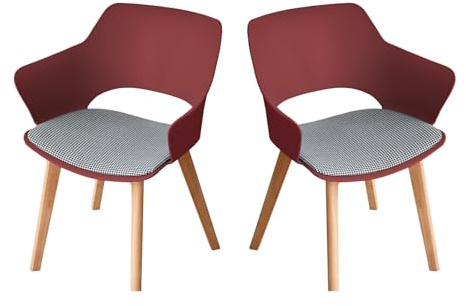 JZGORC Juego de 2 Sillas de Comedor Escandinavas, Silla de Comedor de Estilo Nórdico con Reposabrazos, Patas de Haya, Silla de Cocina Tapizada a Cuadros de Lino - Rojo