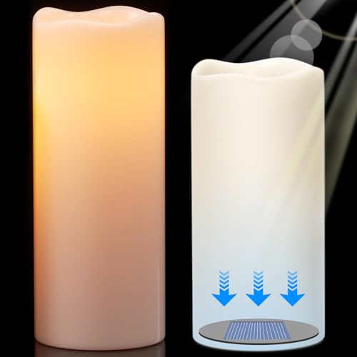 DRomance Large Solar Flameless Candles Outdoor Waterproof Dusk to Dawn Solar Rechargeable Battery LED Flickering Pillar Candles for Patio Porch Garden Lantern Decor(2 Pack, 4 D x 8, 10 H)