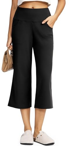 Yogaration Pantalones Capri Palazzo de Pierna Ancha para Mujer con Bolsillos, Pantalón 3/4 Cintura Alta Stretch, Elegante y Casual para Uso Diario, Oficina y Viaje, Negro, L