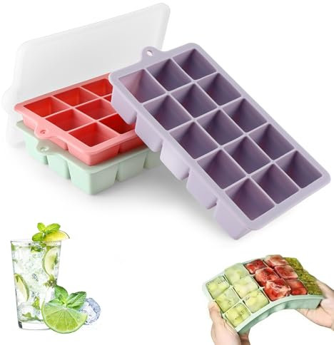 Pavlleen Stampo per cubetti di ghiaccio, 3 pezzi, 45 scomparti, in silicone, grandi cubetti di ghiaccio quadrati da 3 cm, impilabile, contenitore per cubetti di ghiaccio con coperchio, senza BPA