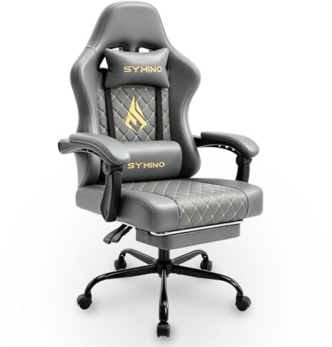 Symino Silla Gaming Ergonómica con Asiento de Espuma Alta Densidad – 150 kg, Reclinable con Soporte Lumbar, Reposabrazos Ergonómicos, Giratoria 360° para Oficina y Escritorio