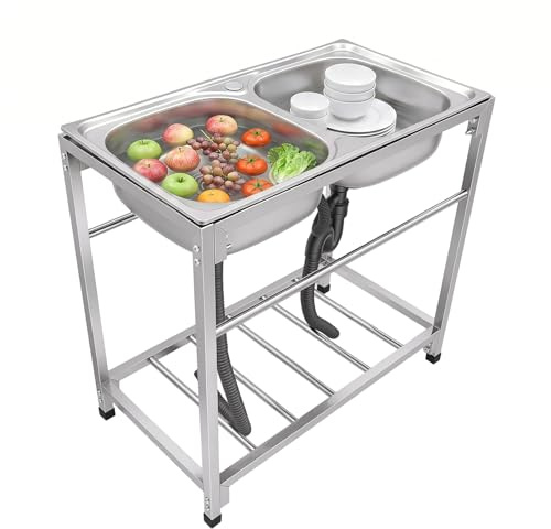 Lavabo professionale in acciaio inox, 2 vasche da bagno professionale autoportante, 83 x 44 x 77 cm, lavabo multifunzione destro, bilaterale Deluxe, con scarico e cestello per cucina, lavanderia