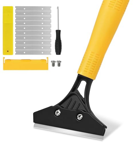 Heavy Duty Floor Scraper with 44.5” long handle, 4” Scraper Tool with 10 Replacement Metal Razor Blades, Paint Scraper for Cleaning Gum Glass Wall Tile Glue Linoleum Stove Top
