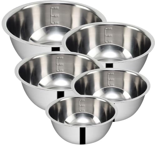MEETOZ Mixing Bowl Set 5 Stainless Steel Mixing Bowls, Metal Mixing Bowl with Measuring Marking, Stacked Storage Bowl Set Saves Space, for Baking Cooking Serving Food/Salad(0.5L,0.8L,1.55L,2.1L,2.6L)