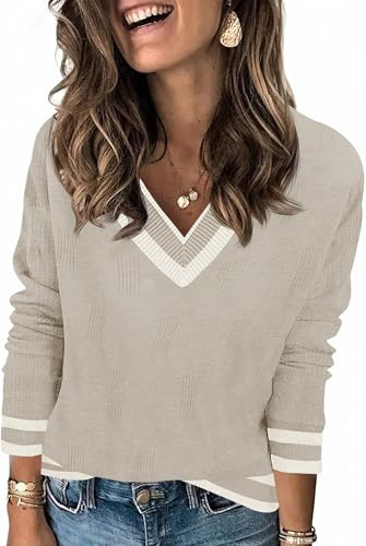 Saodimallsu Pull à manches longues pour femme - Col en V - Pull en tricot léger à rayures - Hauts décontractés - Basique - Automne et hiver