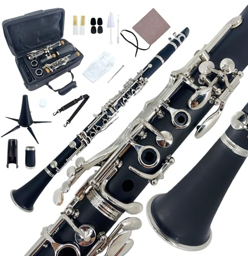 YoungMonic Bb Clarinet Black Ebonite Body Nickel-Plated Keys Wood Clarinets Complete Beginner Kit with Hard Bag & Care Tools Easy to Learn, Rich Sound for Beginners & Adult Learners Practice(q1)