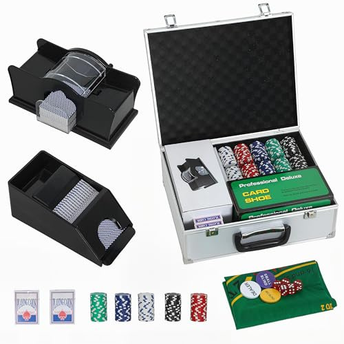 SPORTNOW 300-Piece Poker Chips Set with Card Shuffler and Shoe Silver