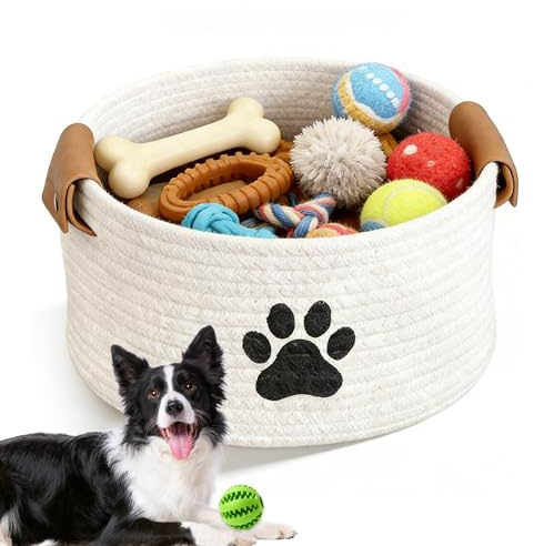 MHYMX Dog Toy Basket, Dog Toy Box 34 X 24 X 21cm Large Pet Toys Storage Boxes Puppy Blanket Basket with Handle Personalised Cotton Rope Organizer Baskets for Living Room Laundry Bedroom