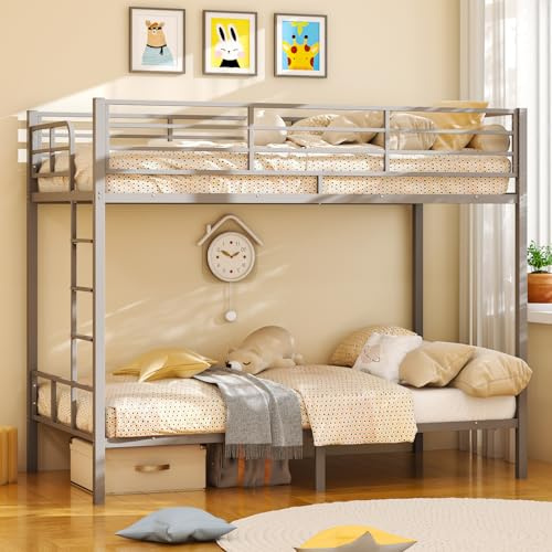 Bonnlo Metal Bunk Bed, Single over Single Loft Bed Frame with 38cm High Full-Length Guardrail & Non-Slip Ladder, Space-Saving Twin Over Twin Bunk Bed, High Sleeper Bed Frame for Kid Teens Adults, Grey