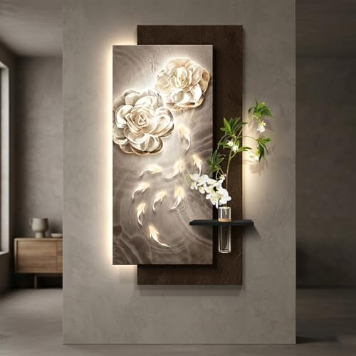 Arte de Pared 3D LED de Arenisca Texturizada, Diseño Floral y Nueve Peces, Alimentación Enchufable, Jarrón de Vidrio con Planta Artificial(50x100cm(19.7x39.4in),H)