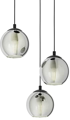 Eglo Suspension luminaire Ariscani, lampe de plafond suspendue à 3 flammes, grappe de pendentifs, lustre salle à manger en métal Noir et verre fumé Noir transparent, douille E27, Ø 42,5 cm