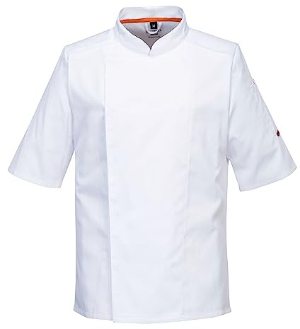 Portwest C738 Men's Mesh Air Pro Chef Jacket Short Sleeve Breathable Durable Slim Fit Texpel Finish Workwear Apron with Sleeve Pocket Machine Washable, White, L