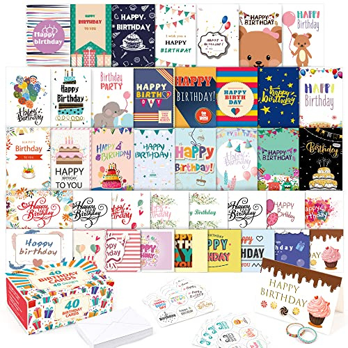 feela Birthday Cards Bulk, 40 Pack 40 Designs Happy Birthday Card Assortment Box with 40 Blank Envelopes 48 Pieces of Stickers 2 Washi Tapes, 4 X 6 Inches Greeting Cards For Girls Family Friends