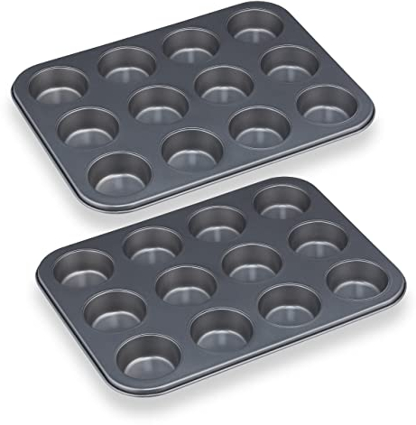 Relaxdays Muffinform, 2er Set, 12er Muffinbleche, antihaftbeschichtet, Carbonstahl, Muffins & Cupcakes, Ø 6,5 cm, grau, 10030825, Anthrazit