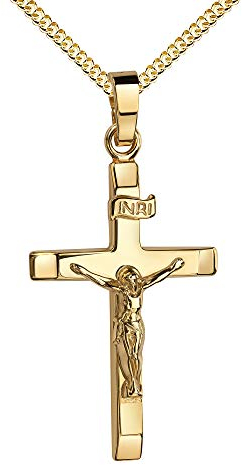 JEVELION Kreuzkette Gold Kreuz-Anhänger Kruzifix Jesus Christus Kettenanhänger 585 Gold 14 Karat 14K. Mit Kette Länge 60 cm