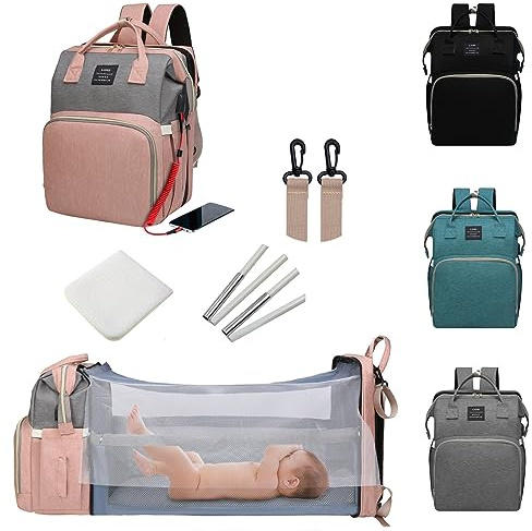 Diaper Bag with Changing Station,Diaper Bag Backpack，7 in 1 Travel Baby Diaper Bag,Mommy Bag With USB Charging Port (Pink-Grey)