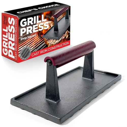 Cast Iron Grill Press - 8 x 4 Inch, 2.6 lb Griddle Press with Cool-Touch Wood Handle - Pre-seasoned for Steak, Burgers, Sandwiches, and Paninis – Non-Stick Grill Weight