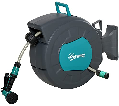 Outsunny Avvolgitubo Automatico a Parete Girevole a 180°, Tubo Acqua da 15+1.4m e Pistola Multifunzione, Grigio