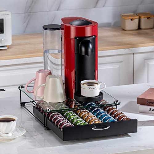 FlagShip for Vertuo Pod Holder Coffee Pod Organizer for Nespresso Pod Storage with Crystal Tempered Glass Top(50 Pods Capacity)