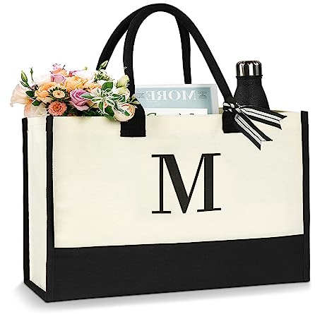 Aucuu Initiale Canvas Tragetasche, Tote Bag, Groß Canvas, Damen Handtasche, Einkaufstaschen mit Reißverschlusstaschen, Personalisierte Geschenktasche für Frau Mama Lehrer Buchstabe M