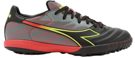 Diadora Brasil Elite Turf Soccer Shoe - Water-Resistant Suprellsoft, Non-Slip PU Heel Lining, Flex Points on Insole, Fine Craftsmanship, Black/Red/Yellow, 7.5