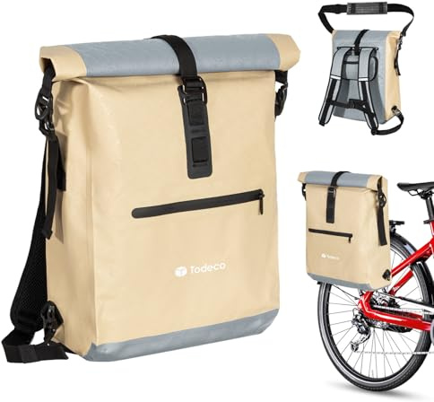 Todeco Sac à Dos de Vélo 3 en 1 (20L), Sacoche Porte-Bagage arrière de vélo, Sac à Dos étanche et Sacoche Bandoulière, Imperméable & Réfléchissante, Compartiment Ordinateur, Beige