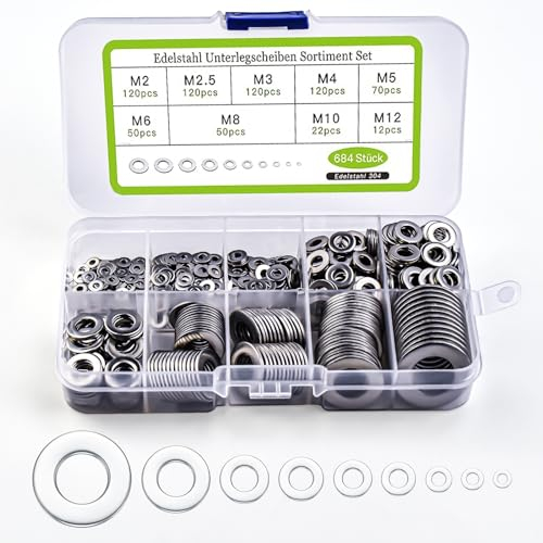 Czwander Ensemble de Rondelles en Acier Inoxydable, Assortiment de 684 Rondelles Plates, avec Boîte d'Assortiment. Total 9 Tailles Différentes M2 M2.5 M3 M4 M5 M6 M8 M10 M12
