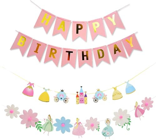MAIGO Princess Party Decorations - Princess Birthday Banner, Castle & Bunting Garland, Pink, 24x27cm, Standard Banner, Wall Mount, Indoor Use