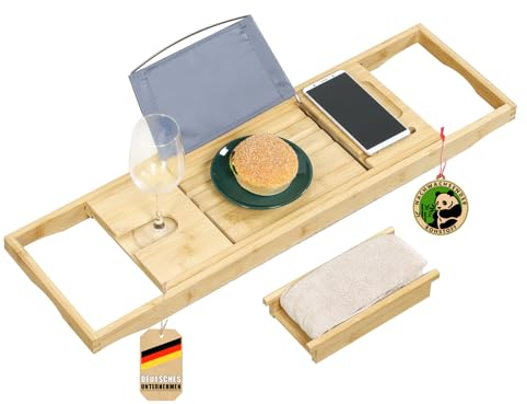 Floordirekt Badewannenablage aus Bambus, verstellbares Badewannenbrett mit Buchablage, ausziehbares Holztablett Badewannenablage (Oklahoma)