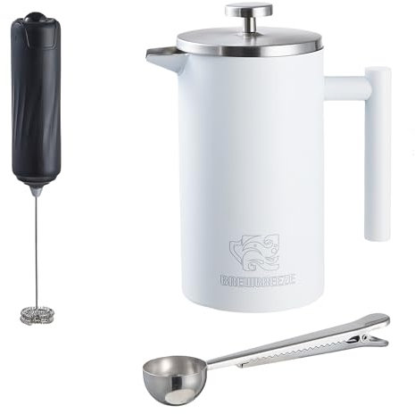 Brewbreeze French Press Set I Kaffeebereiter, Thermo, Kaffeepresse, für Filterkaffee, 1 Liter, Milchaufschäumer, doppelwandig, isoliert, Edelstahl (Weiß)