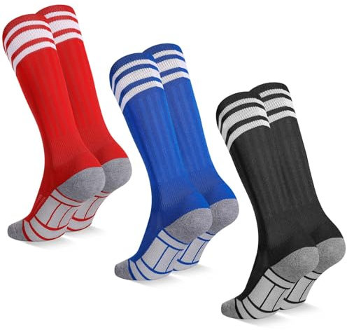 Utensilsto 3 Paar Kinder Fußball Stutzen Fußballsocken 28-32 Fußball Fussball Socken Sportsocken Trainingssocken für Jungen Mädchen-Rot Schwarz Blau