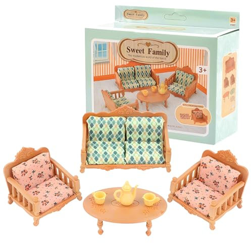 Ksvaye Puppenhaus Möbel Set 7 Stück Puppenmöbel Sofa Sessel Tisch Teekanne Teetassen puppenhaus Zubehör Deko 1:12 Puppenhaus-Wohnzimmer Balkon Miniatur Möbel Dollhouse