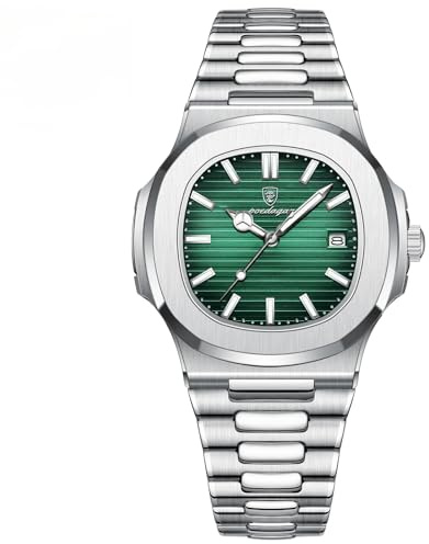 Poedagar - Orologio da uomo alla moda, da polso, da lavoro, in acciaio inossidabile, al quarzo, impermeabile, luminoso, con data, quadrante quadrato, classico