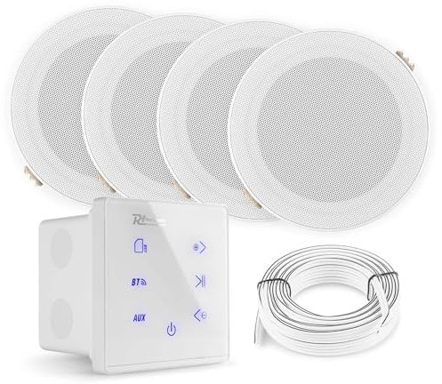 Power Dynamics A100 Bluetooth Deckenlautsprecher 4er Set – 4X Einbaulautsprecher 5 IPX5 Wasserdicht – 160W Verstärker – Badezimmer & Außenbereich – Unterputzradio, 55mm Tief - Weiß/Weiß
