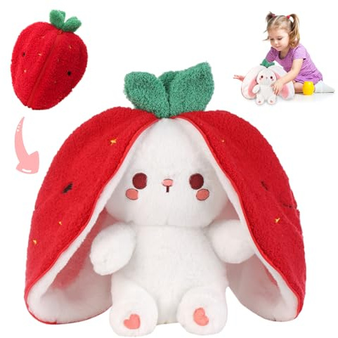 seOSTO Peluche Lapin, 25CM Peluche Lapin de Pâques Rouge Douceur Fraises Poupée Lapins À Cache-Cache avec Fermeture éclair Cadeau d'anniversaire pour Garçons et Filles