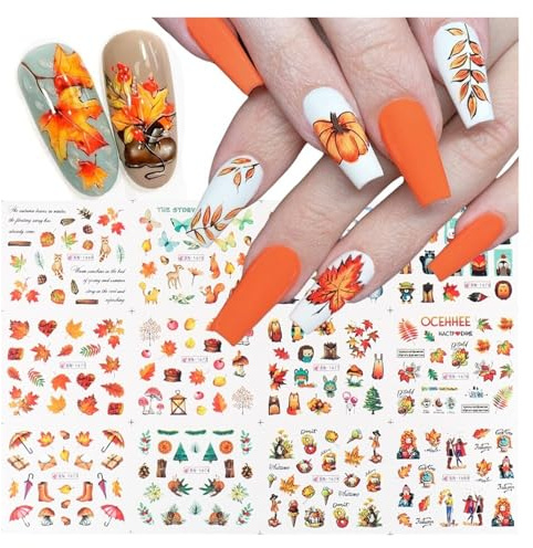 HEXHUASR 12 Pegatinas de uñas con Hojas Doradas de otoño for manicura, calcomanías de Transferencia al Agua con Hojas de Arce, Decoraciones otoñales.