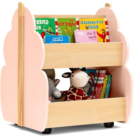COSTWAY Barnbokhylla på Hjul i Trä med 2 Nivåer, Öppen Förvaring och Rundade Hörn, 52x46x62,5 cm, Mobil och Robust Barnhylla för Leksaker och Böcker, Rosa
