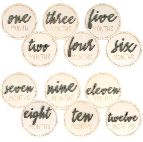 PEOVLVN Tarjetas de hitos de madera para bebé, 6 unidades, 1 – 12 meses, tarjetas mensuales de madera, perfectas para tarjetas de hitos, embarazo y bebés, ideal para padres y futuras madres (verde)