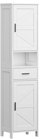 Modern Farmhouse Tall Storage Cabinet with 2 Doors & 1 Drawer | Adjustable Shelves | Freestanding Pantry & Organizer for Bathroom, Kitchen, Living Room (White)
