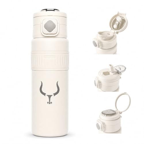 Bullstep® - Botella Agua Termica Acero Inoxidable 18/10 de 750ml 1 Litro | Termo con pajita y anilla integradas en el tapón. Frío 24h, caliente 12h. Cantimplora garrafa Isotermica, water bottle