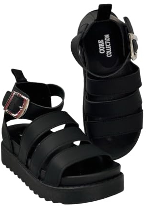 Core Collection Women's Gladiator Sandals Open Toe Chunky Strappy Ankle Buckle Shoes Summer Holiday Style Black UK Size 4