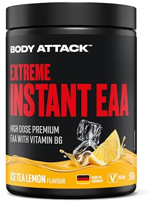 Body Attack Extreme Instant EAA Pulver - Ice Tea Lemon, 500 g - Vegan, Made in Germany - 8 essentielle EAA Aminosäuren für eine proteinreiche Ernährung & intensives Training - Ideale 2:1:1 Ratio