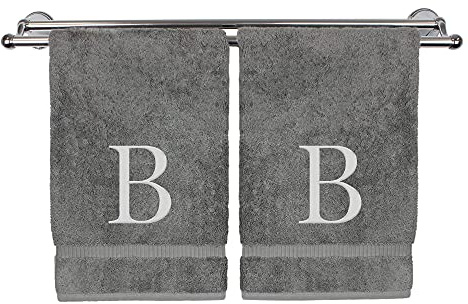 Toalla de mano monogramada, regalo personalizado, juego de 2 toallas bordadas con letras de bloque plateadas, extra absorbentes, 100% algodón turco, acabado de rizo suave, inicial B gris